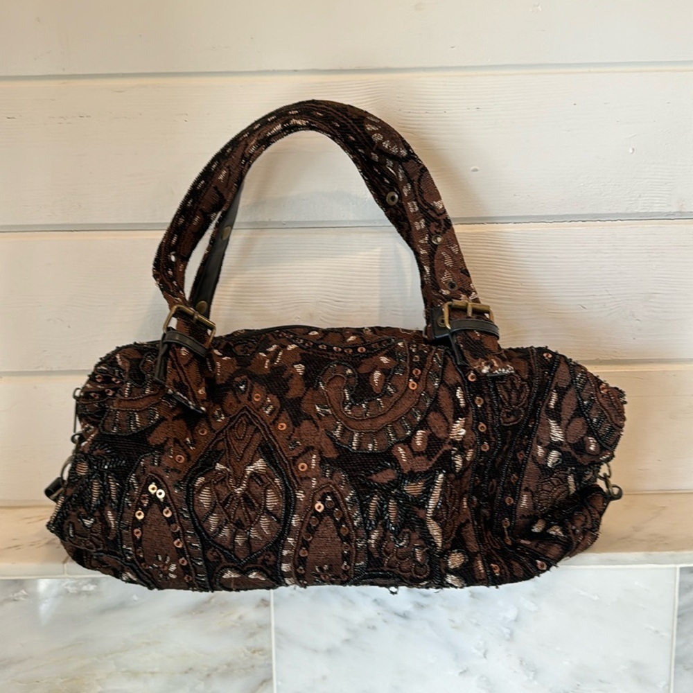Unbranded Brown & Black Bohemian Beaded Tote Bag with Double Shoulder Staps